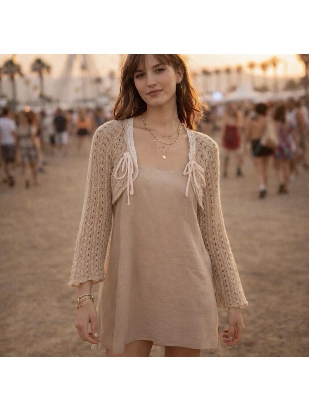 Urban Outfitters Ribbon Lace Crochet Bolero S/M Beige Open Knit Shrug Top Boho